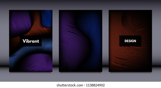 Movement. Abstract Backgrounds. Trendy Wave Lines with Gradient n Futuristic Style. Volume Effect. Distortion of 3d Shapes. Cover Templates Set with Movement for Presentation, Poster, Brochure. EPS.