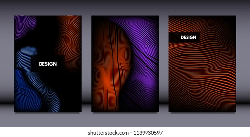 Movement. Abstract Backgrounds. Trendy Wave Lines with Gradient n Futuristic Style. Volume Effect. Distortion of 3d Shapes. Cover Templates Set with Movement for Presentation, Poster, Brochure. EPS.