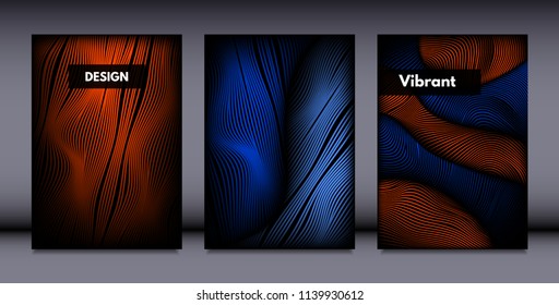 Movement. Abstract Backgrounds. Trendy Wave Lines with Gradient n Futuristic Style. Volume Effect. Distortion of 3d Shapes. Cover Templates Set with Movement for Presentation, Poster, Brochure. EPS.