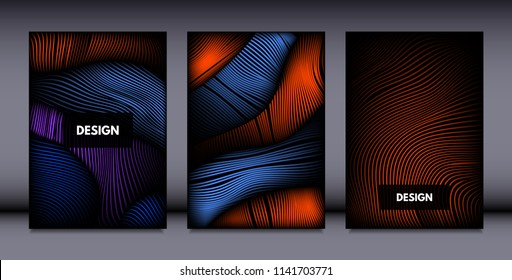 Movement. Abstract Backgrounds. Trendy Wave Lines with Gradient n Futuristic Style. Volume Effect. Distortion of 3d Shapes. Cover Templates Set with Movement for Presentation, Poster, Brochure. EPS.