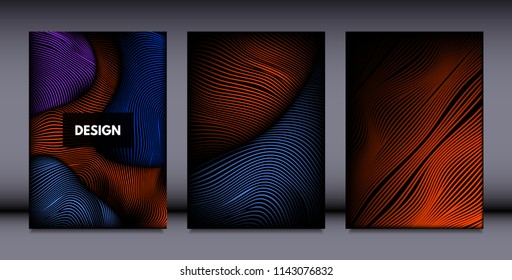 Movement. Abstract Backgrounds. Trendy Wave Lines with Gradient n Futuristic Style. Volume Effect. Distortion of 3d Shapes. Cover Templates Set with Movement for Presentation, Poster, Brochure. EPS.