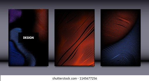 Movement. Abstract Backgrounds. Trendy Wave Lines with Gradient n Futuristic Style. Volume Effect. Distortion of 3d Shapes. Cover Templates Set with Movement for Presentation, Poster, Brochure. EPS.