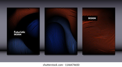 Movement. Abstract Backgrounds. Trendy Wave Lines with Gradient n Futuristic Style. Volume Effect. Distortion of 3d Shapes. Cover Templates Set with Movement for Presentation, Poster, Brochure. EPS.