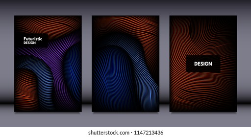 Movement. Abstract Backgrounds. Trendy Wave Lines with Gradient n Futuristic Style. Volume Effect. Distortion of 3d Shapes. Cover Templates Set with Movement for Presentation, Poster, Brochure. EPS.