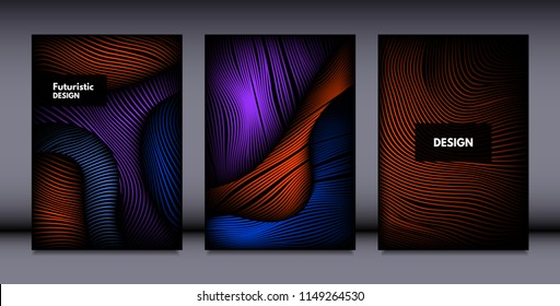 Movement. Abstract Backgrounds. Trendy Wave Lines with Gradient n Futuristic Style. Volume Effect. Distortion of 3d Shapes. Cover Templates Set with Movement for Presentation, Poster, Brochure. EPS.