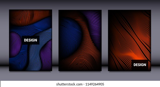 Movement. Abstract Backgrounds. Trendy Wave Lines with Gradient n Futuristic Style. Volume Effect. Distortion of 3d Shapes. Cover Templates Set with Movement for Presentation, Poster, Brochure. EPS.