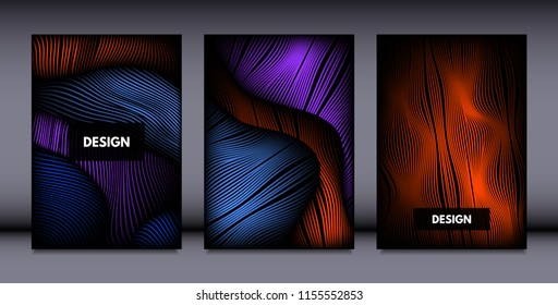 Movement. Abstract Backgrounds. Trendy Wave Lines with Gradient n Futuristic Style. Volume Effect. Distortion of 3d Shapes. Cover Templates Set with Movement for Presentation, Poster, Brochure. EPS.