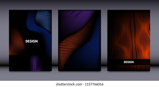 Movement. Abstract Backgrounds. Trendy Wave Lines with Gradient n Futuristic Style. Volume Effect. Distortion of 3d Shapes. Cover Templates Set with Movement for Presentation, Poster, Brochure. EPS.