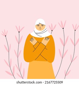 Movement against discrimination. Break the bias. International woman day. Women allyship, feminism concept, muslim girl with cross hands gesture. Diversity and equality. Vector cartoon illustration