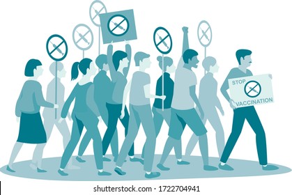 Anti Vaccination movement. Anti-Vaccine and Mandatory Immunization Protest Refusal. People Characters Rejecting Preventive Medicine. Flat vector concept Illustration  