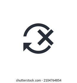 flecha de movimiento y cruz. Detener la actividad. Icono lineal vectorial aislado en fondo blanco.