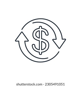 Movement arrows and dollar sign. Additional, reserve financing.Vector linear icon isolated on white background.