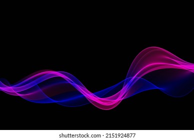 Movement of blue and magenta horizontal lines of a transparent wave on a dark background