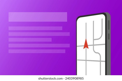 Movement by GPS icon. Flat, purple, phone screen with map, mockup for text. Vector illustration