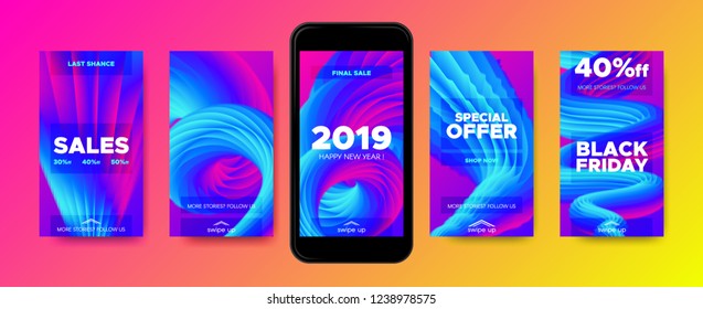 Movement of Fluid Shape. Story Template for Social Media Promotion. Wave Posters with 2019 New Year Sales. Gradient Liquid Shapes with Movement and 3d Effect. Colorful Flyers, Phone Screen Wallpaper.