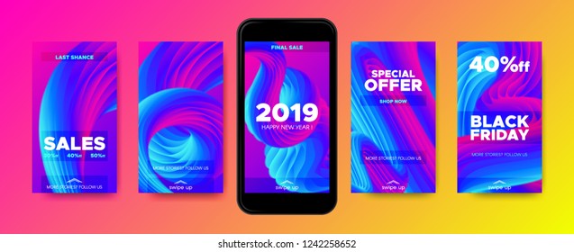 Movement of Fluid Shape. Story Template for Social Media Promotion. Wave Posters with 2019 New Year Sales. Gradient Liquid Shapes with Movement and 3d Effect. Colorful Flyers, Phone Screen Wallpaper.