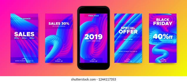 Movement of Fluid Shape. Story Template for Social Media Promotion. Wave Posters with 2019 New Year Sales. Gradient Liquid Shapes with Movement and 3d Effect. Colorful Flyers, Phone Screen Wallpaper.
