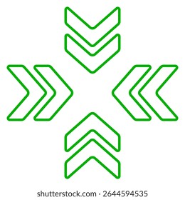 Movement icon. Outlined chevrons arranged outward in cross pattern. Symbolizes expansion, transfer, or directional flow in design interfaces.