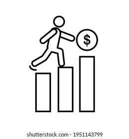 The movement icon is people running, walking or climbing to the success goal of money (financial stock profit). The sign is graph of money growth and marketing progress concept with elevating upstairs