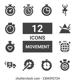movement icon set. Collection of 12 filled movement icons included Stopwatch, Chronometer, Crank arm, Ambulance, Dance, Dispersion, Dancer