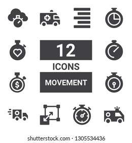 movement icon set. Collection of 12 filled movement icons included Ambulance, Chronometer, Stretching, Stopwatch, Align right