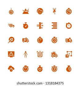 movement icon set. Collection of 25 filled movement icons included Chronometer, Stopwatch, Stretching, Ambulance, Dance, Joints, Crank arm, Align right, Dispersion, Dancer, Hypnosis