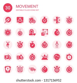 movement icon set. Collection of 30 filled movement icons included Crank arm, Chronometer, Ambulance, Stopwatch, Dispersion, Hypnosis, Women rights, Stretching, Dancer, Joints