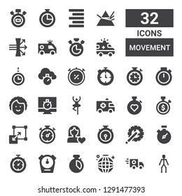 movement icon set. Collection of 32 filled movement icons included Joints, Ambulance, Dance, Chronometer, Stopwatch, Crank arm, Women rights, Stretching, Dancer, Hypnosis, Dispersion