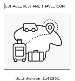 Icono de línea de movimiento. Planeando vacaciones en otro país. Viaje en autobús. Maletas para largas vacaciones. Tiempo de descanso. Concepto de descanso y viajes. Ilustración vectorial aislada. Trazo editable