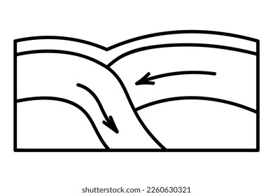 Movement of lithospheric plates. The focus of the earthquake. Sketch. Tectonic plates are on top of each other. The arrows show the displacement of rocks. Earth tremors. Vector illustration.