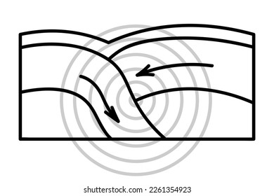 Movement of lithospheric plates. From the source of the earthquake comes a circular vibration. Sketch. Tectonic plates are on top of each other. The arrows show the displacement of rocks. Vector 