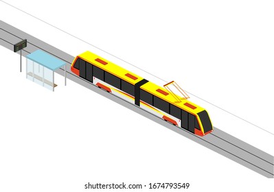 The movement of a modern tram. Stop and route schedule. Isometry Vector illustration on a white background.