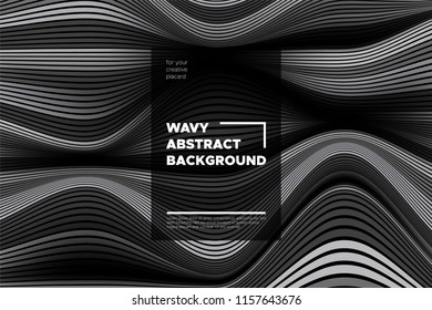 Movement. Monochrome Abstract Background of Waves. Modern Bright Flow Poster. Blend. Distortion of Wave Stripes. 3d Surface with Optical Illusion. Monochrome Warped Lines Movement Effect. Eps10 Vector
