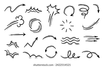 Bewegungs- und Bewegungslinien, Pfeile, Kurvenwellen und Boom-Puff, Vektorsymbole. Cartoon-FX-Effekt und abstrakte lineare Symbole der Explosionswolke, der Spiralspirale und des Zick-Zag-Pfeilzeigers mit Sonne und Kreisen