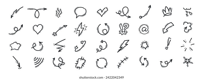 Movement motion lines of arrows, curves and waves for cartoon effect, vector icons. Abstract symbols of cloud, speech bubble or heart and lightning with explosion puff and spiral arrow in doodle line