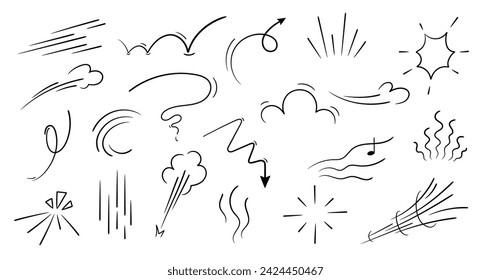 Movement or motion lines isolated vector set. Comic speed and boom effect symbols. Funny bubbles or clouds, arrows, track and trace. Funny smoke and steam, black and white explosions, dynamic actions