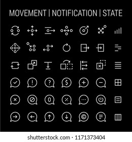 Movement. Notifications. States. Icons set. White on black.