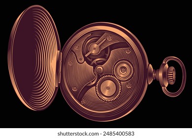 Movement of an old pocket watch. Editable hand drawn illustration. Vector vintage engraving. Isolated on black background. 8 EPS