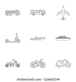 Movement on machine icons set. Outline illustration of 9 movement on machine vector icons for web