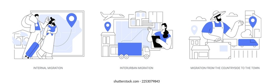 Movement of people abstract concept vector illustration set. Internal migration, metropolitan area, moving to cities, suburban district, migration from countryside, neighborhood abstract metaphor.