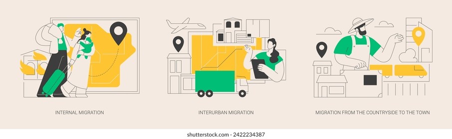 Movement of people abstract concept vector illustration set. Internal migration, metropolitan area, moving to cities, suburban district, migration from countryside, neighborhood abstract metaphor.