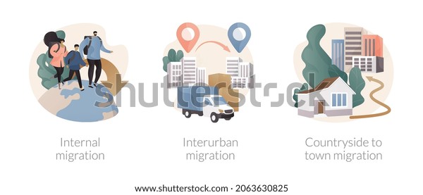 Movement of people abstract concept vector\
illustration set. Internal migration, metropolitan area, moving to\
cities, suburban district, migration from countryside, neighborhood\
abstract metaphor.