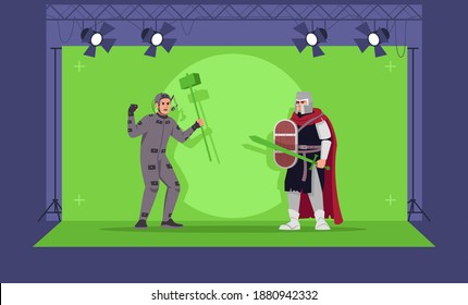 Movement recognition technology semi flat vector illustration. Film creation process. Professional filming equipment. Special effects. Movie development 2D cartoon characters for commercial use