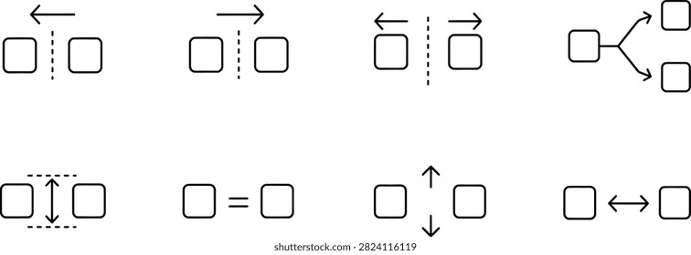 Movement and relationship icon set with vector square boxes for interface and workflow diagrams