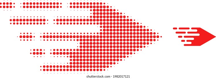 Ilustración de icono de medio tono derecho de movimiento. El patrón de semitono contiene puntos de círculo. Icono vectorial de la derecha del movimiento en un fondo blanco.