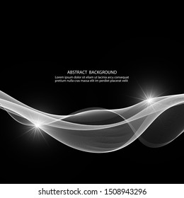 
The movement of the silvery wave lines on a black background. Brochure template, design element.
