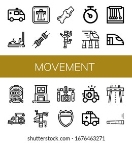 movement simple icons set. Contains such icons as Ambulance, Bumper car, Highway, Joint, Traditional dance, Stopwatch, High speed train, Pendulum, can be used for web, mobile and logo