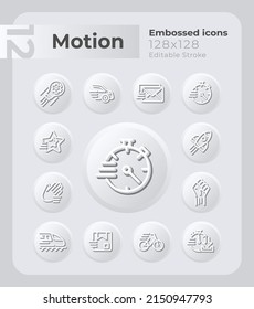 Movement and speed embossed icons set. Mechanical power. Neumorphism effect. Isolated vector illustrations. Minimalist button design collection. Editable stroke. Montserrat Bold, Light fonts used