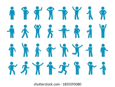 Movement Stick Man Set. Symbol Reflection And Joyful Blue Greeting Simple Poses And Active Actions Abstract People Running And Slow Walking Pose Of Amazement Despair With Hands. Vector Expression.