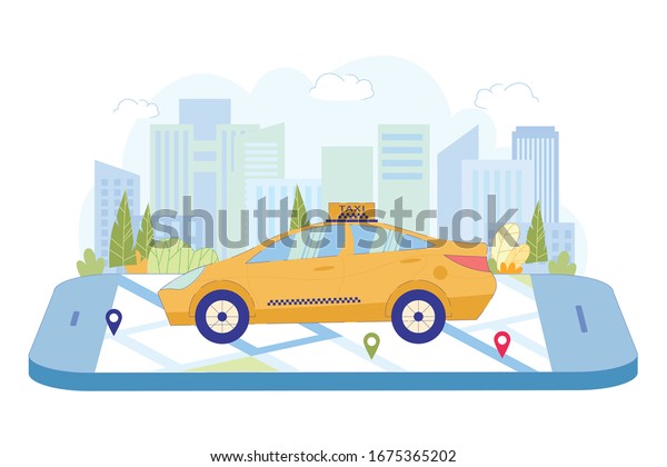 Movement Taxi Car is Tracked on Smartphone Map.
Special Car with Distinctive Taxi Sign Stands on Large Electronic
Device Screen on which Open City Map with Designated Marked Places
with Special Icon.